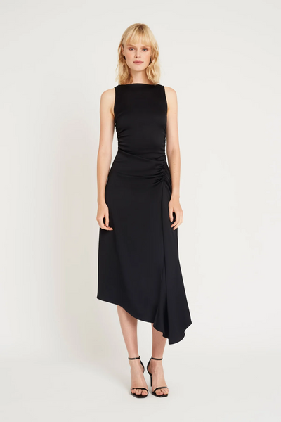 Luxely Finch Ruched Satin Sleeveless Midi Dress - Meteorite
