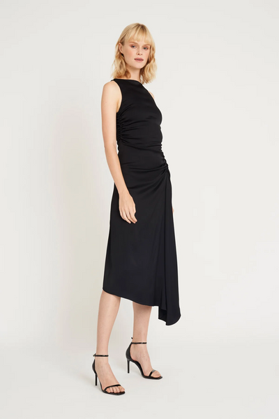 Luxely Finch Ruched Satin Sleeveless Midi Dress - Meteorite