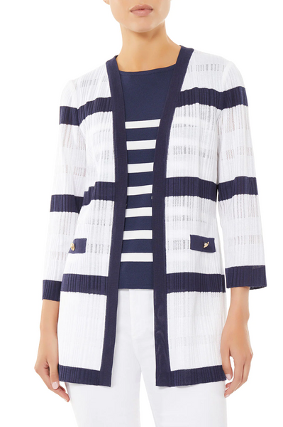 Ming Wang Striped Sheer Ribbed Knit Jacket - White/Indigo