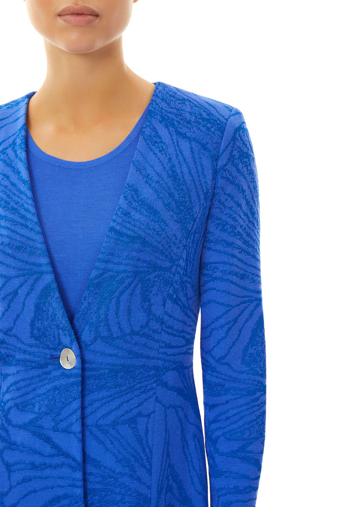 Ming Wang Tonal Floral Jacquard Knit Jacket - Dazzling Blue