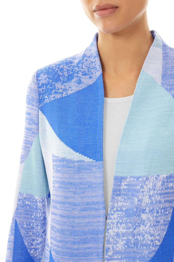 Ming Wang Geometric Colorblock Mixed Knit Jacket -  Dazzling Blue/Clearwater/White