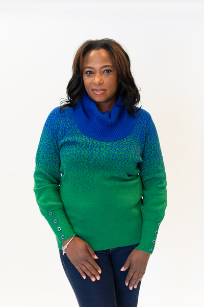 Marble Speckle Ombré Cotton Cowl Neck Sweater - Royal/Green