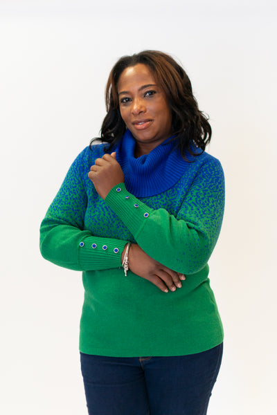 Marble Speckle Ombré Cotton Cowl Neck Sweater - Royal/Green