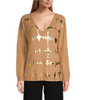 Image of M Made in Italy Foil Print Long Sleeve V-Neck Sweater Knit Top - Camel