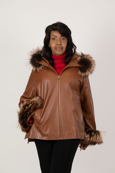 Rippe's Furs Zip Front Hooded Leather Poncho Jacket with Crystal Fox Trim - Luggage