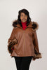 Image of Rippe's Furs Zip Front Hooded Leather Poncho Jacket with Crystal Fox Trim - Luggage