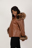 Image of Rippe's Furs Zip Front Hooded Leather Poncho Jacket with Crystal Fox Trim - Luggage