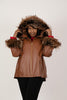 Image of Rippe's Furs Zip Front Hooded Leather Poncho Jacket with Crystal Fox Trim - Luggage
