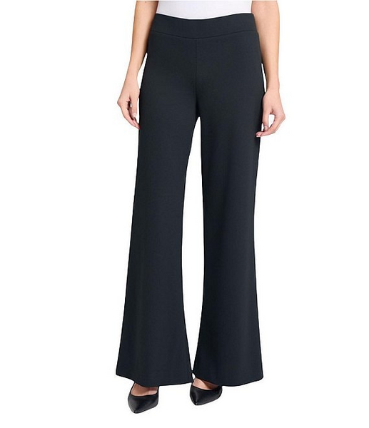 Ming Wang Stretch Deco Crepe Wide Leg Pull-On Pant - Black