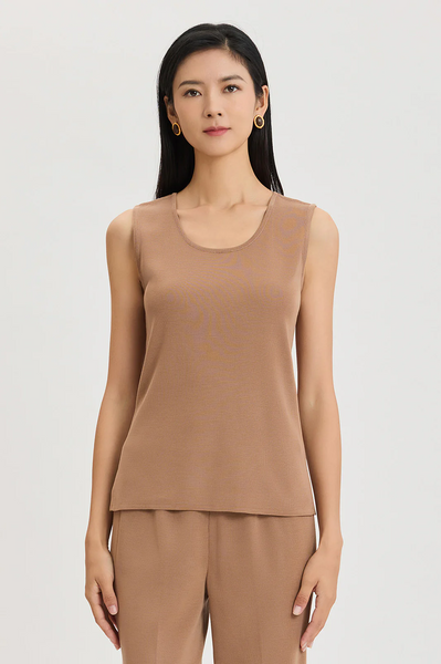 Ming Wang Mid-Length Scoop Neck Knit Tank Top - Warm Taupe
