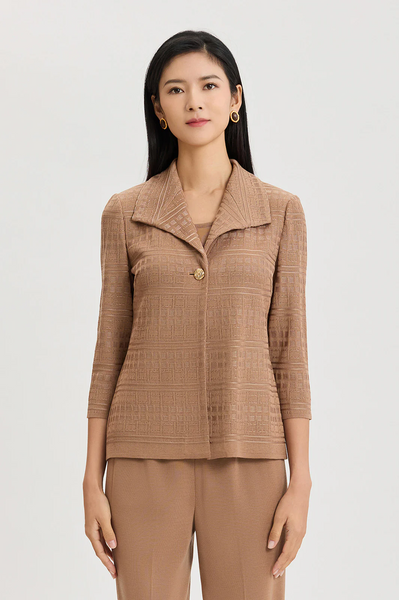 Ming Wang Tonal Wing Collar Single Button Front Closure Knit Jacket - Warm Taupe