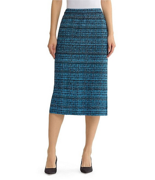 Ming Wang Pull-On Side Slit Tweed Knit Pencil Skirt - Deep Teal/Tranquil Blue