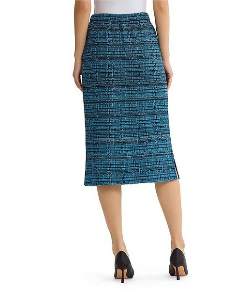 Ming Wang Pull-On Side Slit Tweed Knit Pencil Skirt - Deep Teal/Tranquil Blue
