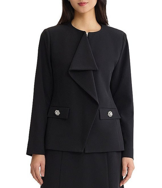 Ming Wang Stretch Deco Crepe Asymmetric Drape Front Zip Jacket - Black