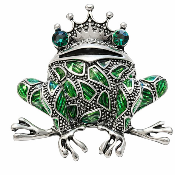 Crystal Embellished Frog Prince Magnetic Brooch - Green/Silver
