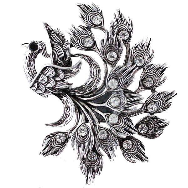 Crystal Embellished Peacock Magnetic Brooch - Silver
