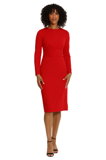 Maggy London Scuba Crepe Long Sleeve Dress with Gathered Waist Detail - Red