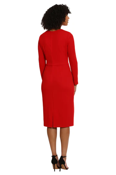 Maggy London Scuba Crepe Long Sleeve Dress with Gathered Waist Detail - Red