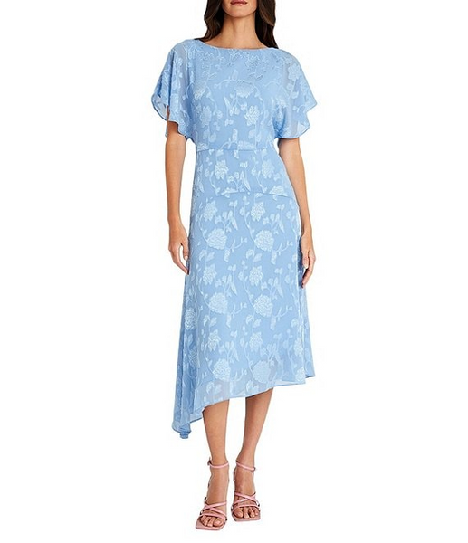 Maggy London Sevyn Baroque Floral Burnout Asymmetric Hem Butterfly Sleeve Midi Dress - Azurine Blue