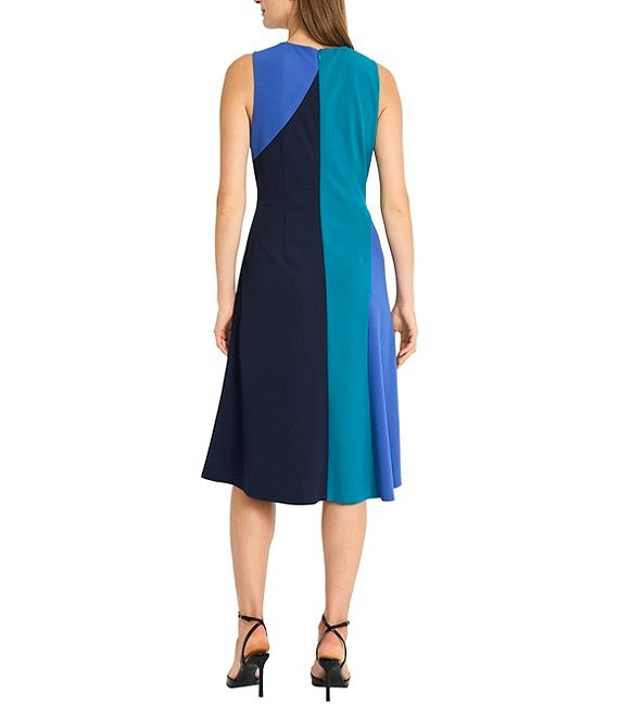 Maggy London Sleeveless Color Block Scuba Crepe Fit & Flare Midi Dress - Navy/Blue/Teal