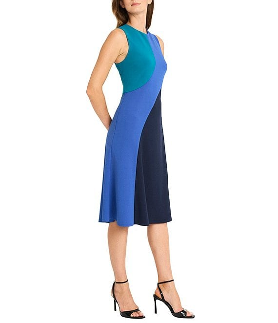 Maggy London Sleeveless Color Block Scuba Crepe Fit & Flare Midi Dress - Navy/Blue/Teal