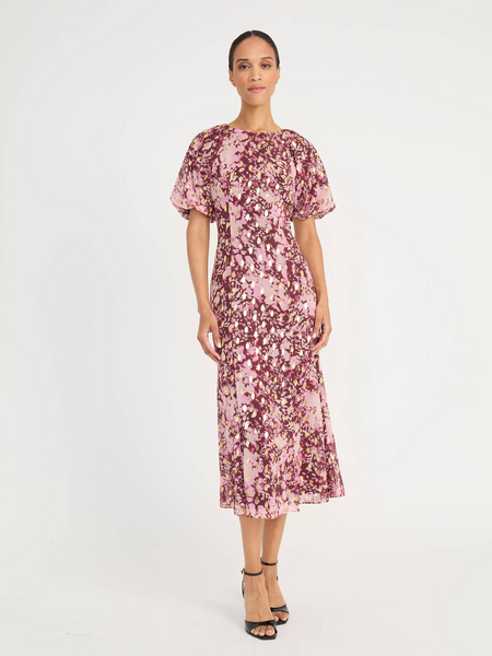 Maggy London Foil Print Yoryu Chiffon Puffed Sleeve Midi Dress - Brandy/Peachbud