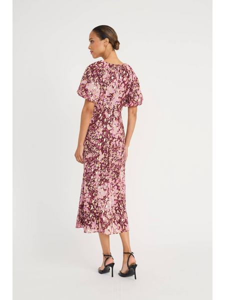 Maggy London Foil Print Yoryu Chiffon Puffed Sleeve Midi Dress - Brandy/Peachbud