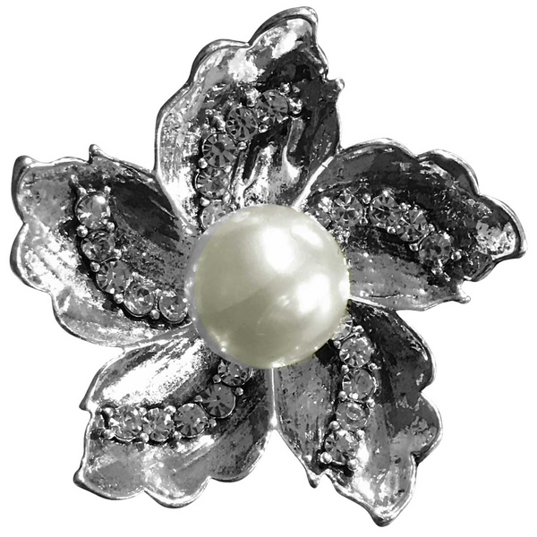 Pearl and Crystal Flower Magnetic Brooch - Silver