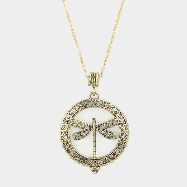 Dragonfly Motif Magnifying Glass Necklace - Antique Gold