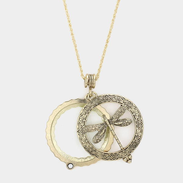 Dragonfly Motif Magnifying Glass Necklace - Antique Gold