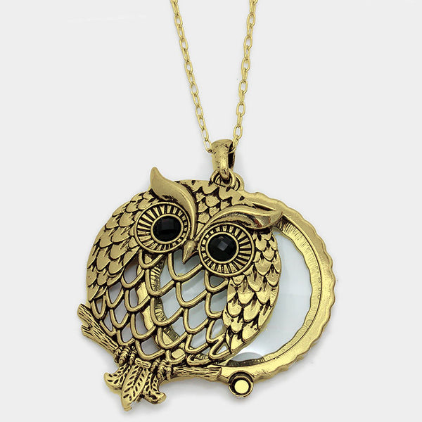 Owl Motif Magnifying Glass Necklace - Antique Gold