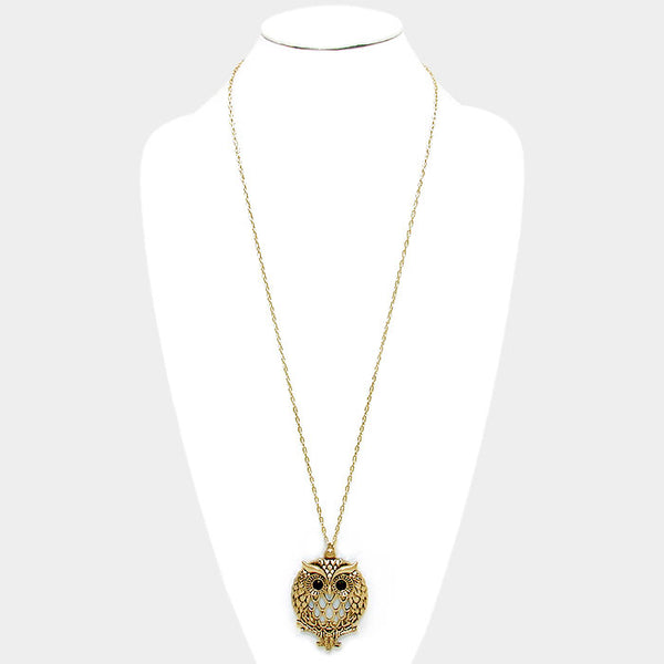 Owl Motif Magnifying Glass Necklace - Antique Gold