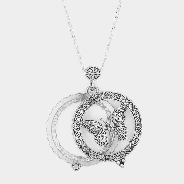 Butterfly Motif Magnifying Glass Necklace - Antique Silver