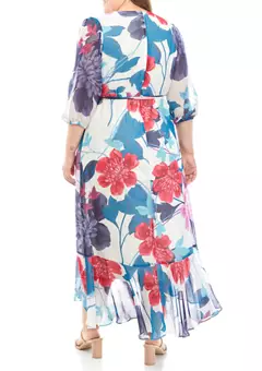 Maison Tara  Plus Size Hi/Low Chiffon Maxi Dress - Ivory/Multicolor