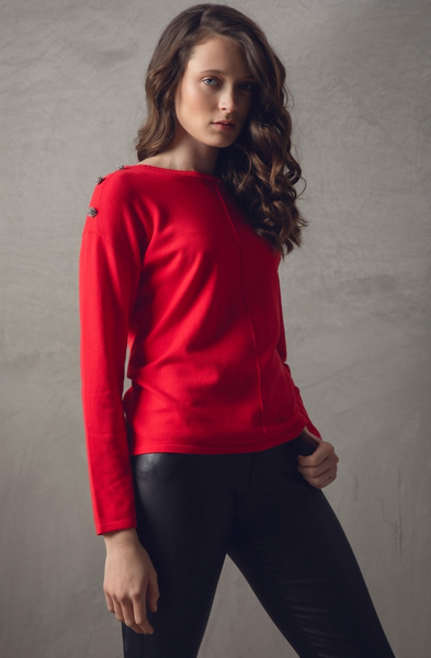 Marble Shoulder Button Sweater - Red