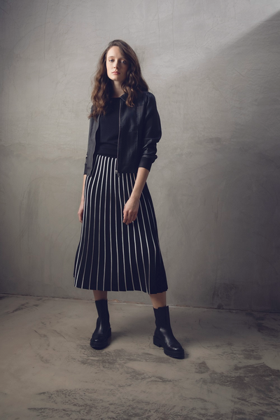 Marble Pleated Knit Skirt - Black/Off White