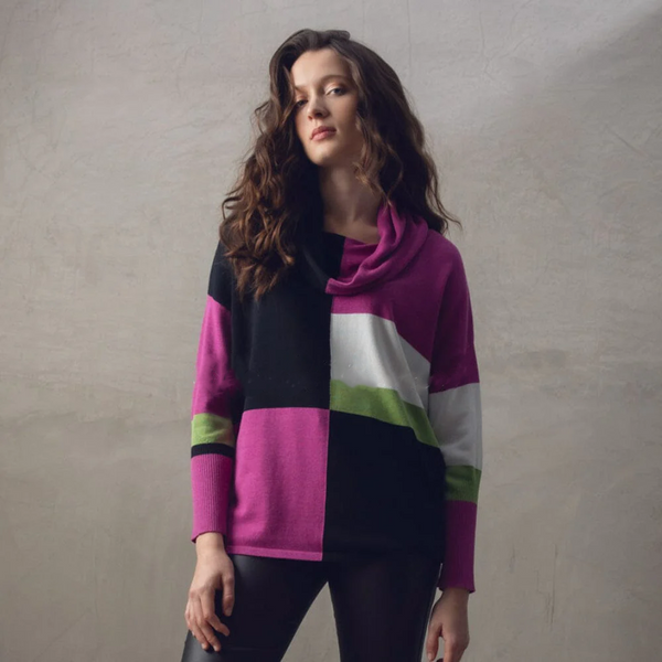 Marble Color Block Cowl Neck Sweater - Pink/White/Black/Lime