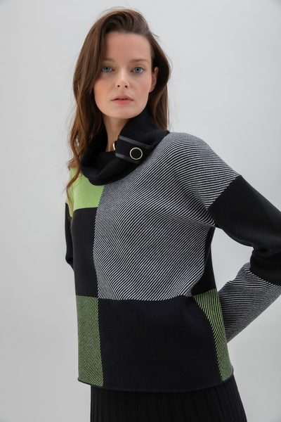 Marble Cowl Neck Tab Detail Color Block Sweater - Black/Gray/Lime