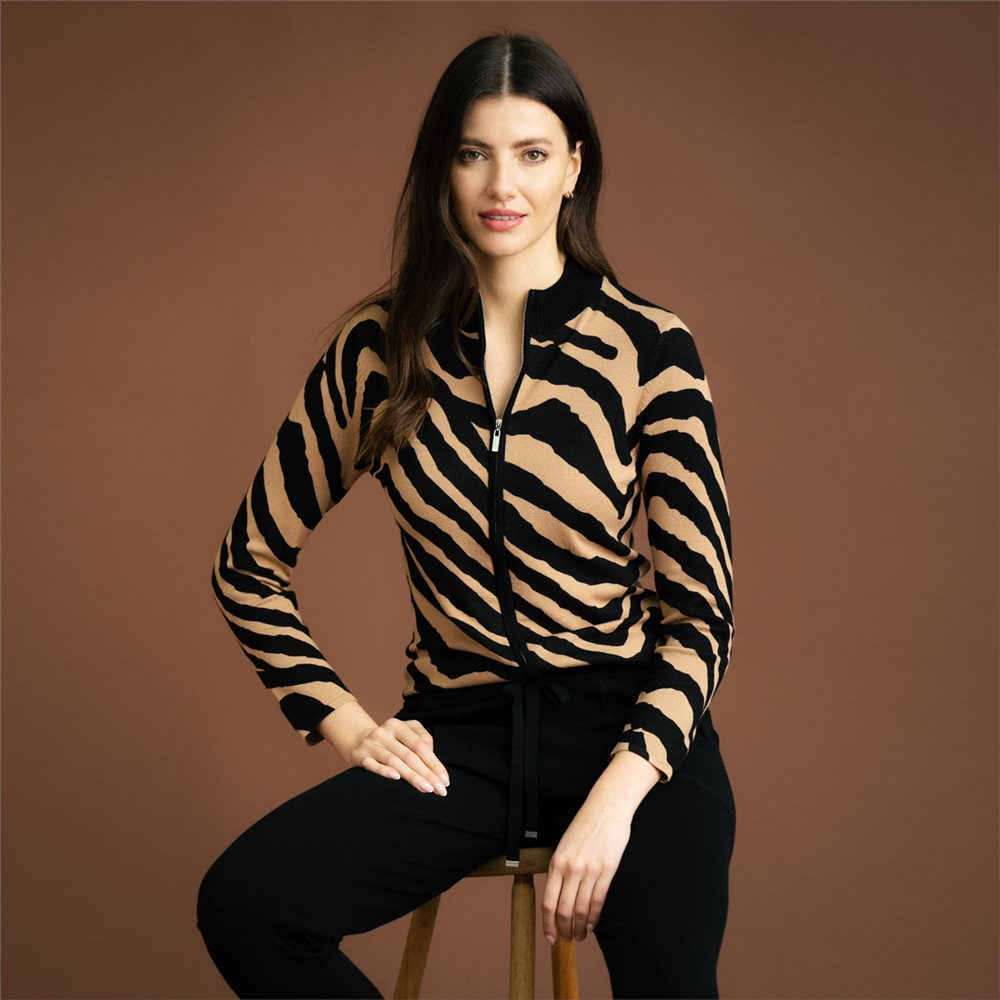 Marble Zebra Print Zip Front Sweater Jacket - Camel/Black