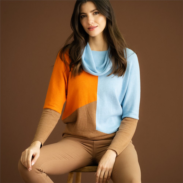 Marble Color Block Cowl Neck Dolman Sleeve Cotton Sweater - Powder Blue/Orange/Camel