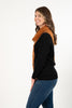 Image of Marble Cowl Neck Button Detail Color Block Sweater - Black/Camel