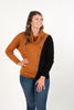 Image of Marble Cowl Neck Button Detail Color Block Sweater - Black/Camel