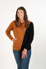 Image of Marble Cowl Neck Button Detail Color Block Sweater - Black/Camel