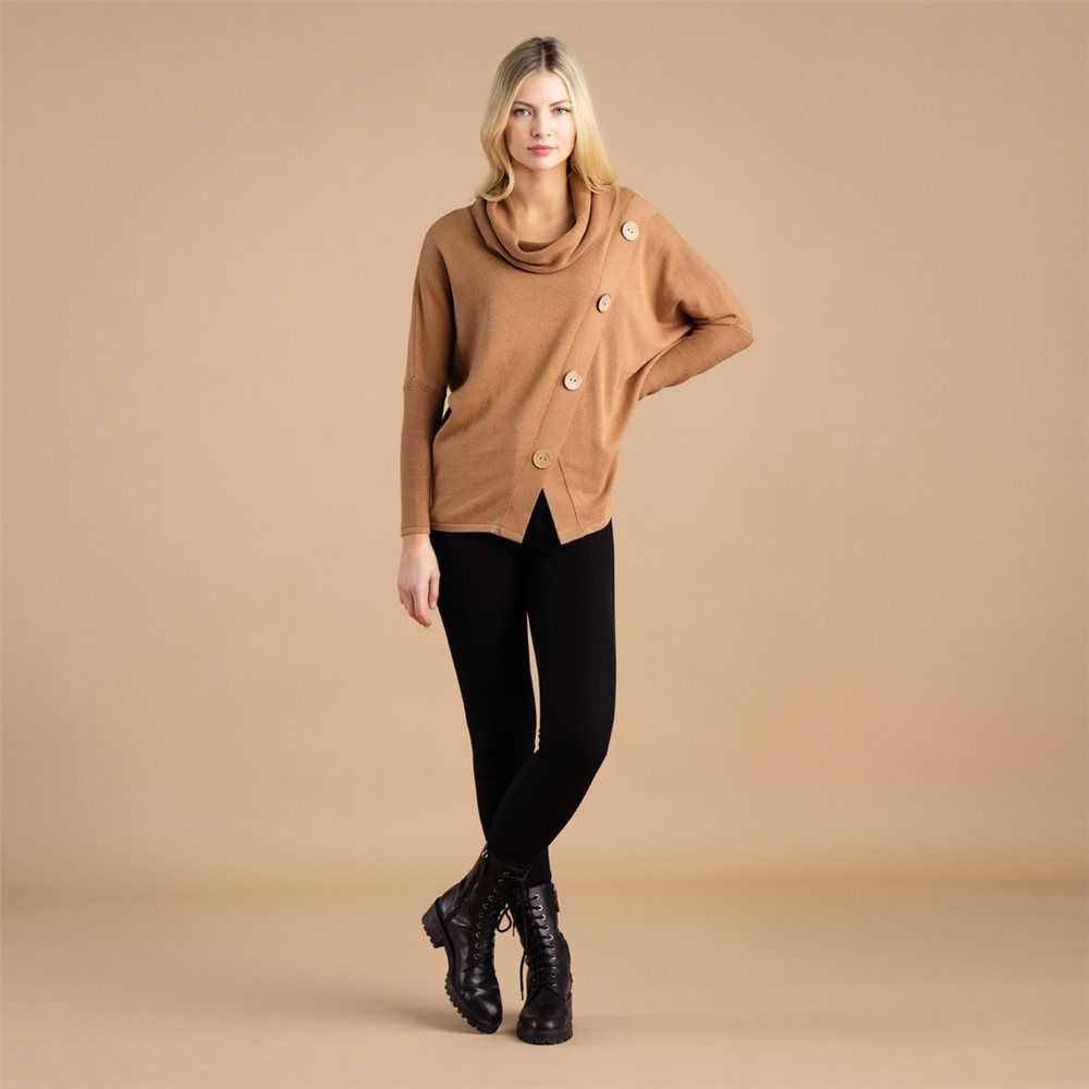Marble Oversized Button Detail Cowl Neck Dolman Sleeve Cotton Sweater - Camel