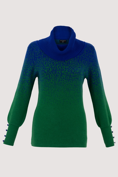 Marble Speckle Ombré Cotton Cowl Neck Sweater - Royal/Green