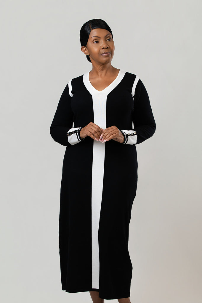 Marble Color Block Column Sweater Dress - Black/White