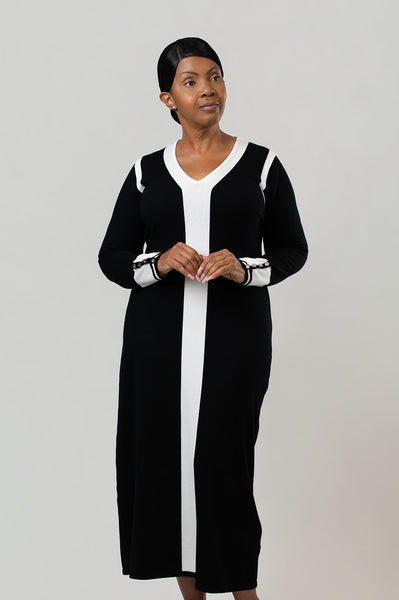 Marble Color Block Column Sweater Dress - Black/White