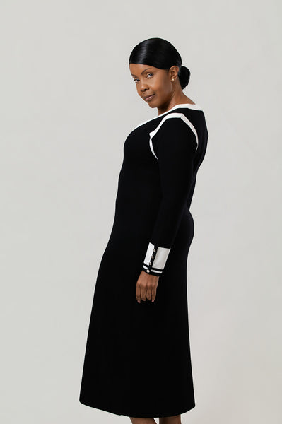 Marble Color Block Column Sweater Dress - Black/White