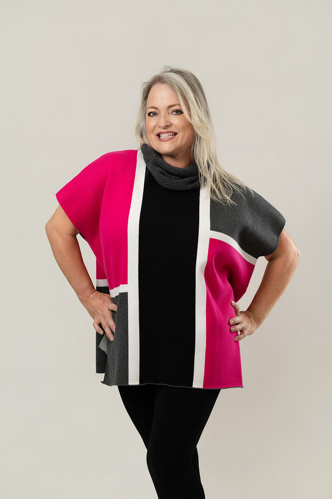 Marble Color Block Cowl Neck Poncho Sweater - Pink/Black/Grey/White