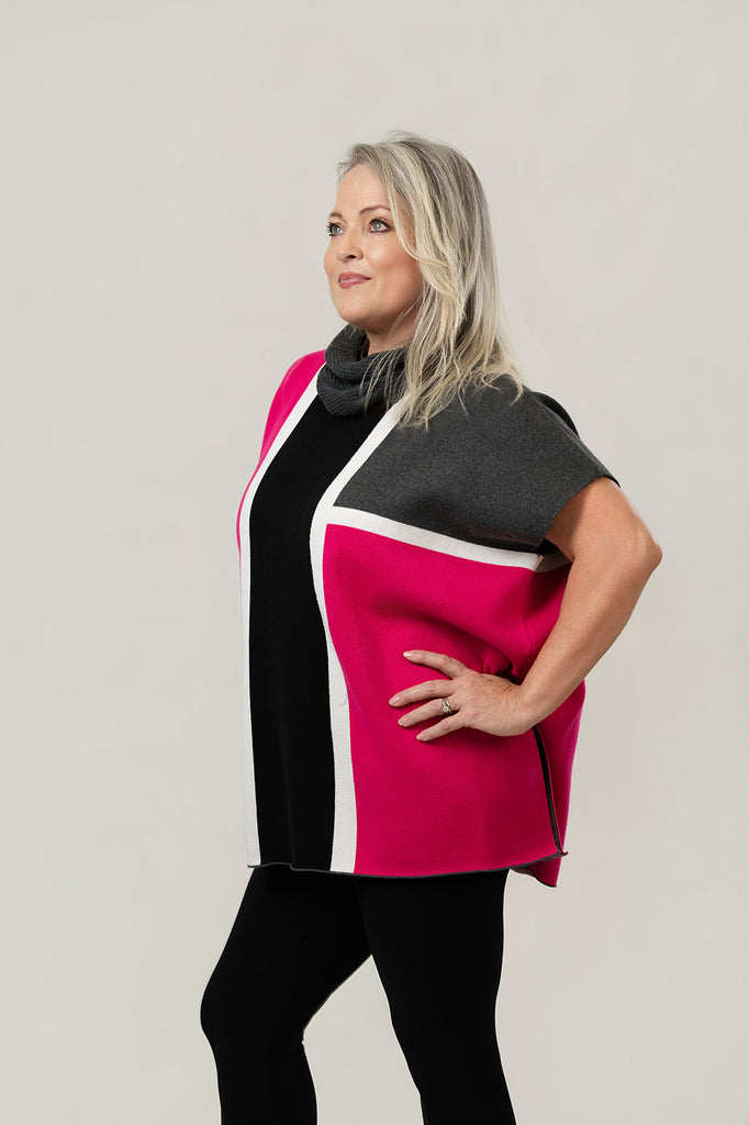 Marble Color Block Cowl Neck Poncho Sweater - Pink/Black/Grey/White